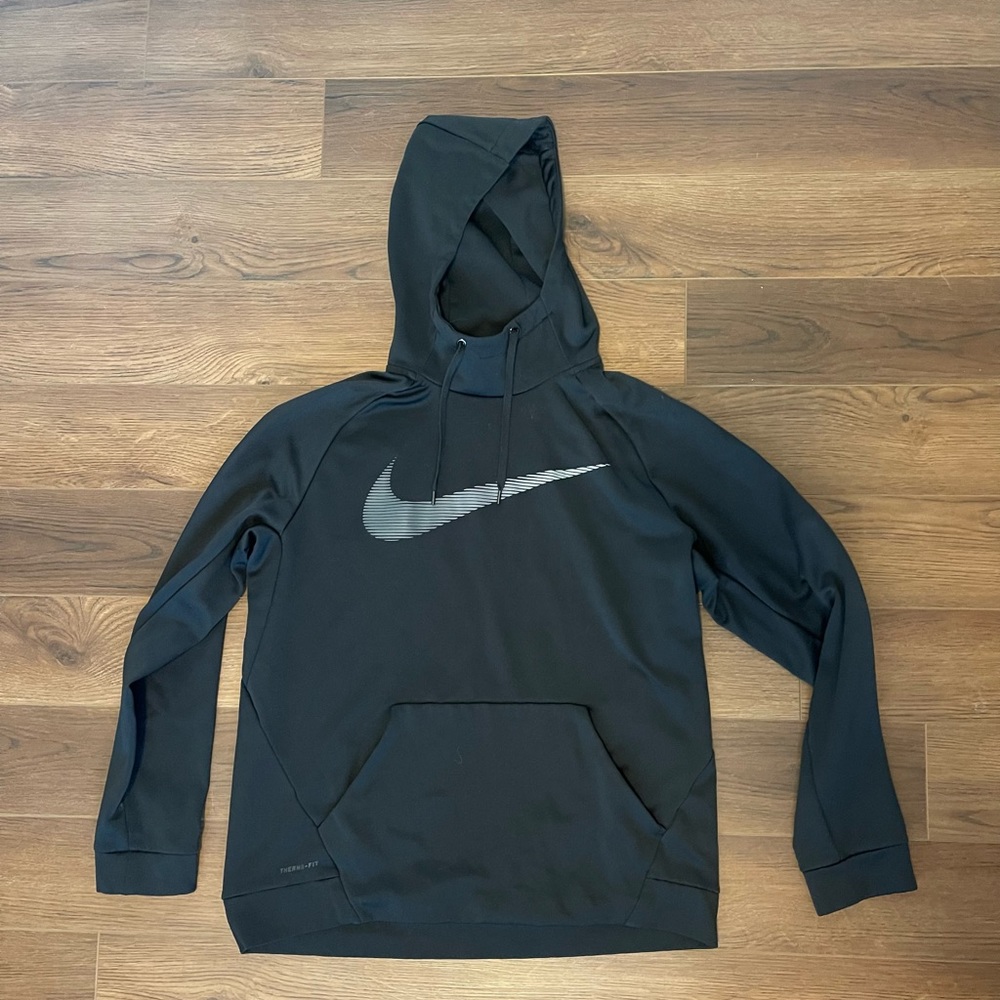 Nike thermafit black hoodie with grey swoosh sweatshirt drawstring size xl